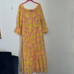 Women’s Off-Shoulder Floral Maxi Dress in Pink and Yellow. Size XL.